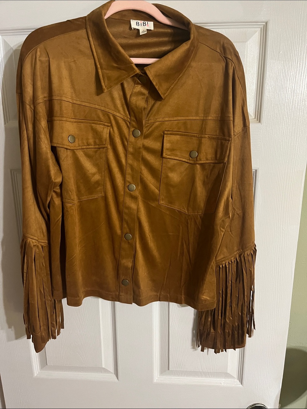 BiBi Brown Fringe Snap-Front Faux Suede Jacket